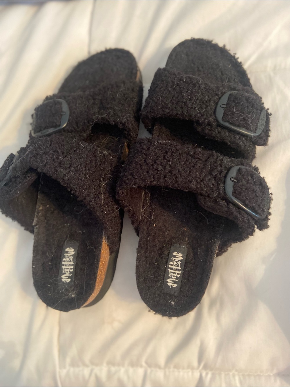 Mad Love Black Fuzzy Double-Buckle Slide Sandals
